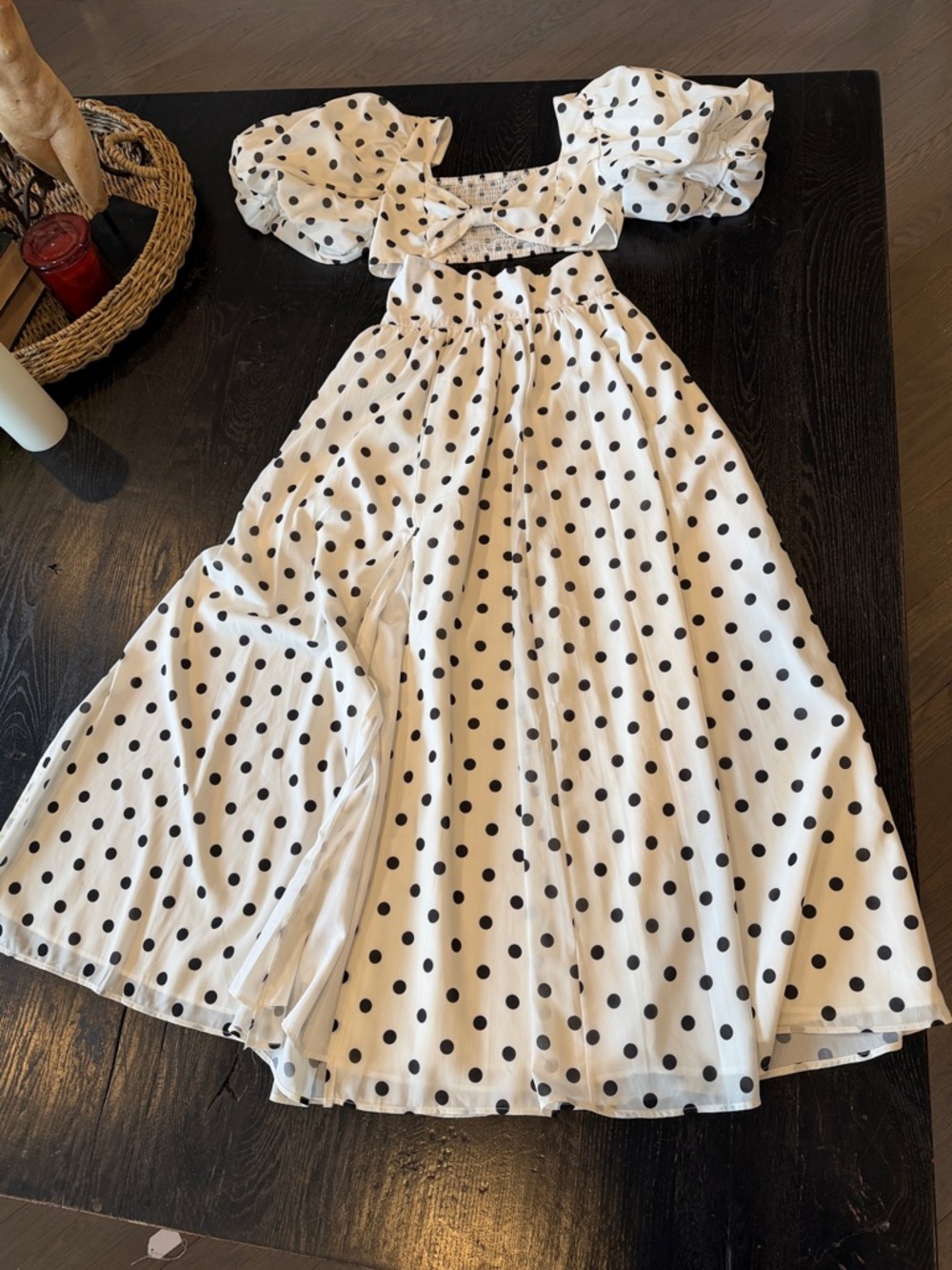 White and Black Polka Dot Midi Dress with Puff Sleeves